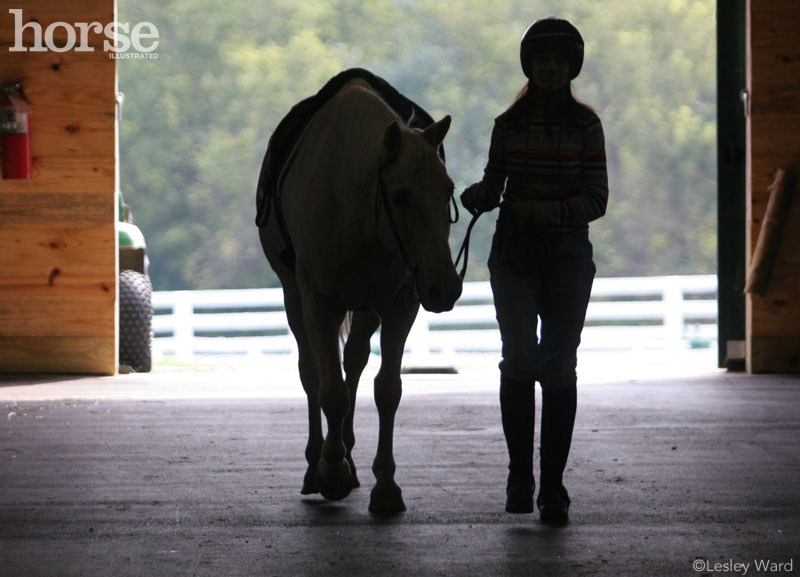 Horse with kid in barn aisle