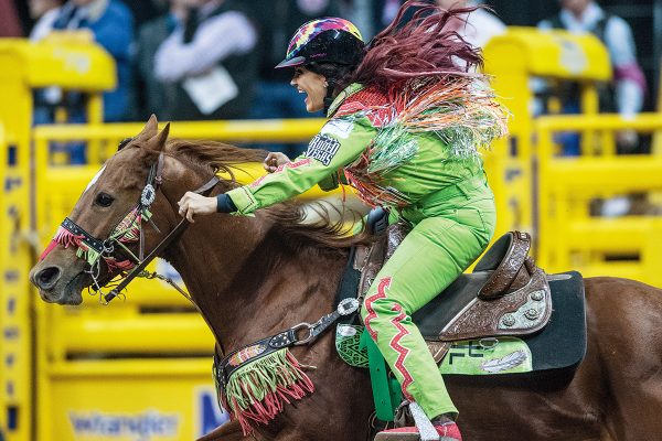 Fallon Taylor wearing Ranch Dress'n while barrel racing