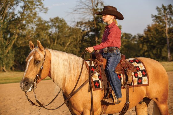 A young rider sits aboard a palomino horse