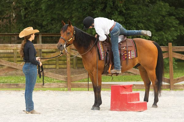 A young rider learns how to mount his horse with a mounting block.