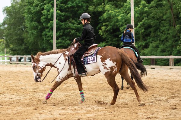 A young male equestrian loping a Paint Horse at a horse show