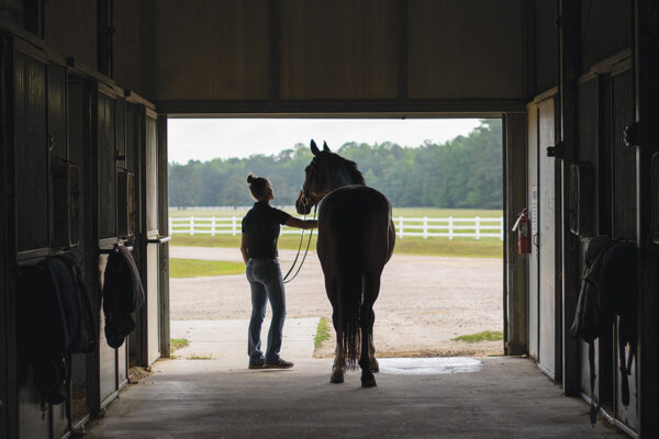 A barn manager standing in the doorway with a horse