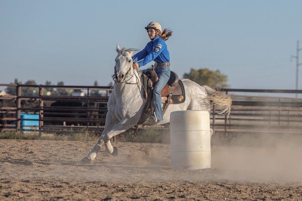 A young rider practices barrel racing drills