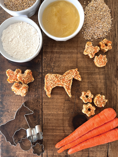 Horse carrot cookies laid out with ingredients and materials
