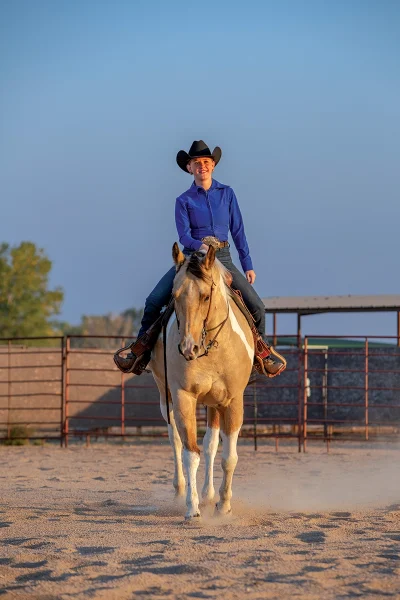 A young rider on a buckskin tobiano.