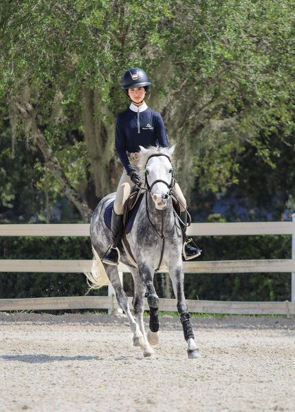 Katie comes across the arena on the right lead holding the right bend to prepare for a lead change.