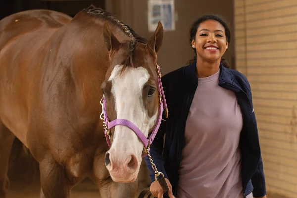 A young equestrian leading a sorrel gelding.