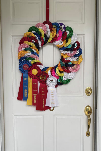 A ribbon wreath hanging on a door