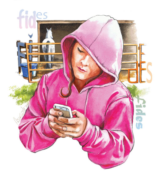 Illustration of a young girl on her phone while doing barn chores