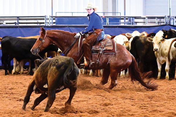 A cutting rider wearing full-length chaps, her preferred apparel for the western event.