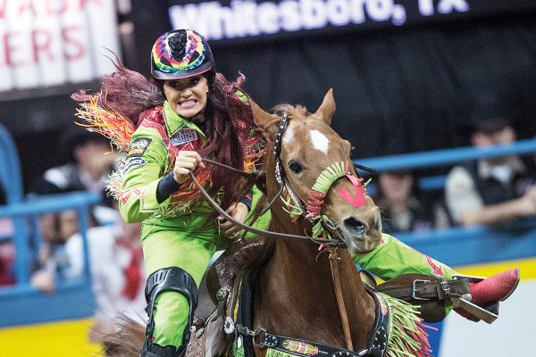 Fallon Taylor wearing Ranch Dress'n while barrel racing