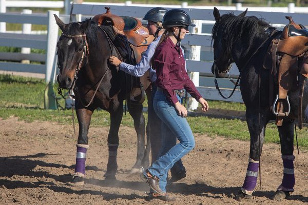 A team member switches horses. Switching horses is a part of Interscholastic Equestrian Association shows and therefore a key part of practice.