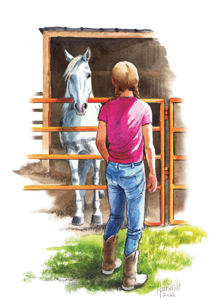 Illustration of a young girl and a mustang for a short story