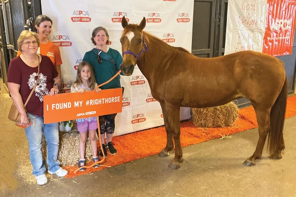A youth equestrian taking home a new horse via adoption at Equine Affaire.