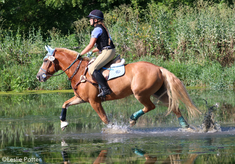 Three-day event rider wearing an equestrian safety vest