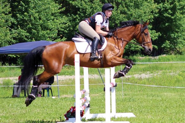 A horse and rider jumping.