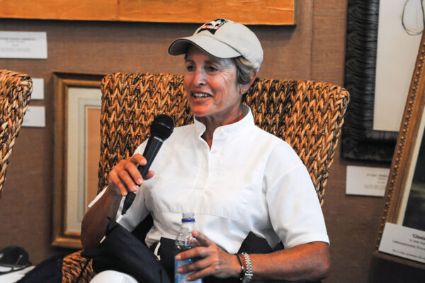 Margie Goldstein-Engle talking to the media at a press conference after the 2012 London Olympics selection trials