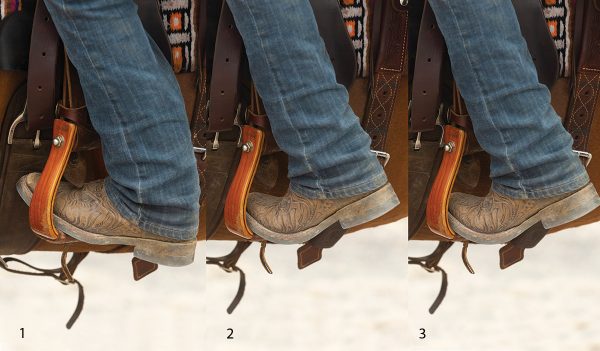 Examples of foot placement in the stirrup, including the correct placement with the ball of the foot and incorrect, unsafe placements.