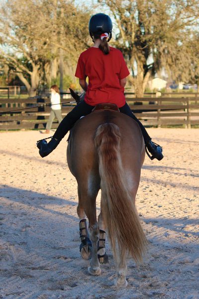 An equestrian with poor leg position, which is a common bad riding habit.