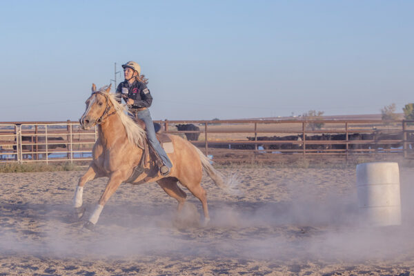 A rider gallops away from the last obstacle on her horse