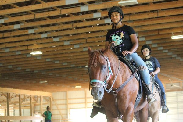 Charley learning the basic foundations of trotting during her equestrian session.