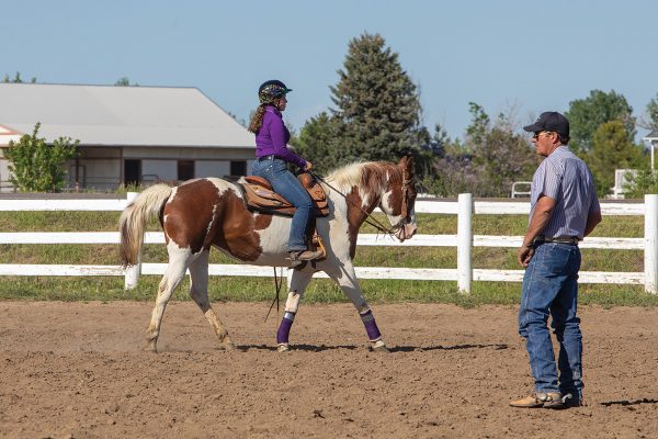 A rider jogs her horse past her coach at an Interscholastic Equestrian Association practice