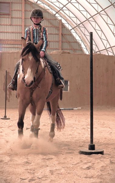 A horse and young rider pole bending.