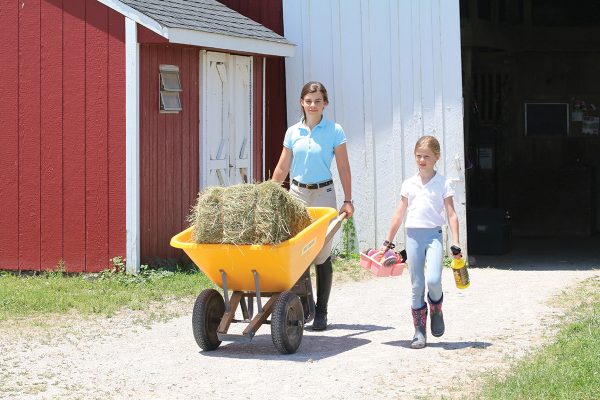 Two young girls push a wheelbarrow of hay and carry a grooming box out of a barn