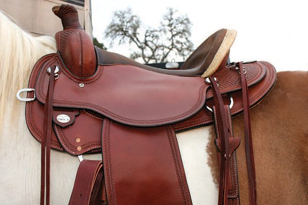 A western saddle on a horse's back.
