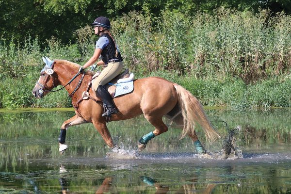 Young rider rides through water on cross-country course