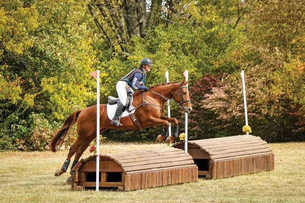 A team competing in the cross-country phase of eventing.