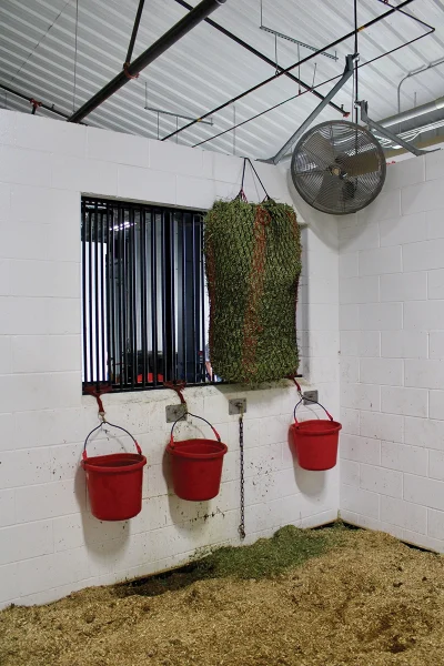 Buckets, a hay net, and a fan hanging in a stall.