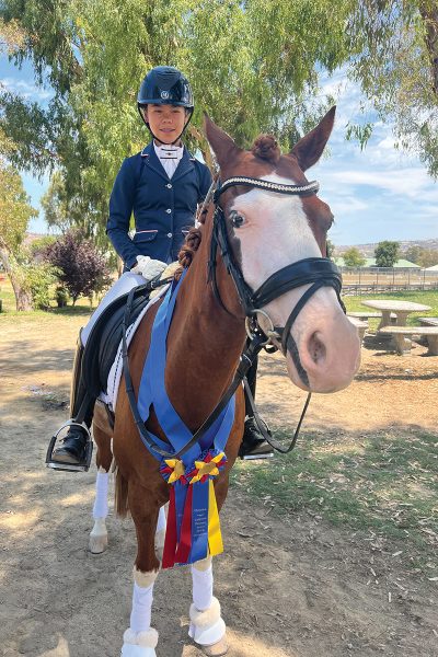 A young rider on her dressage horse with championship ribbons