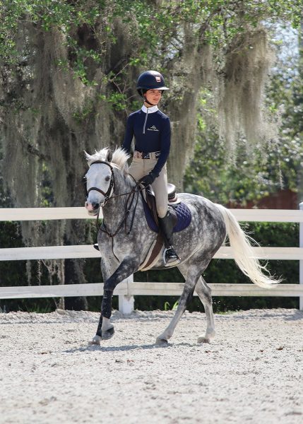 Katie turns onto the diagonal of the arena at the canter.