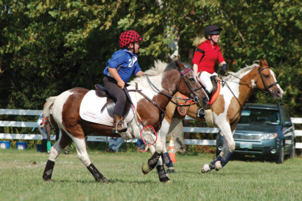 Two riders on pinto horses playing the game