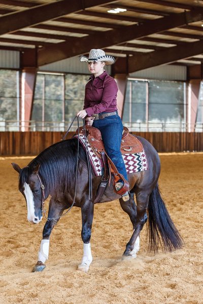 A young rider backs on her chestnut western horse