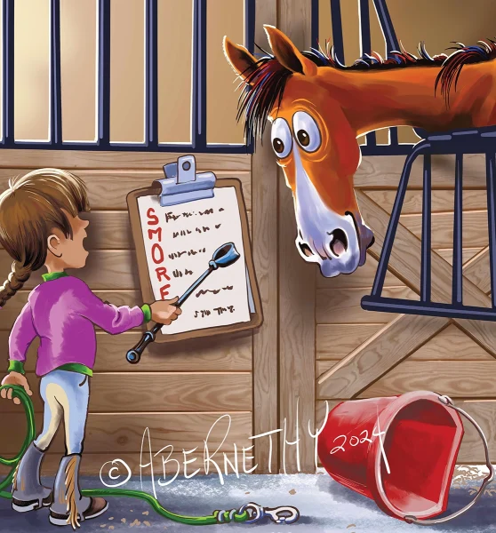An illustration from the book of a young equestrian showing a horse S'MORES CODE.