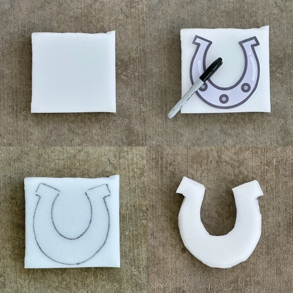 Craft foam with horseshoes drawn on it.