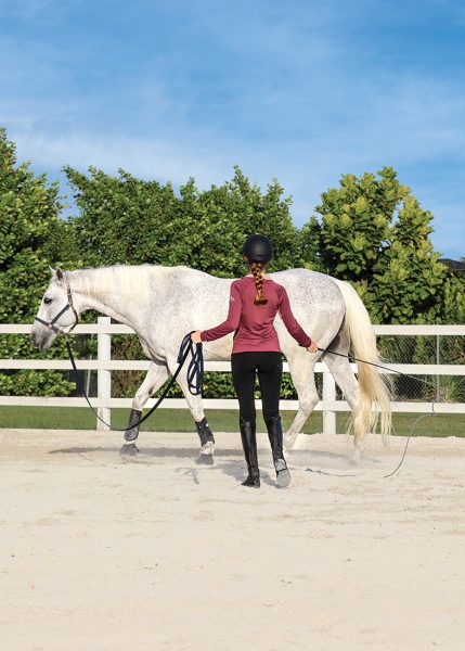 A young equestrian learning how to longe her horse