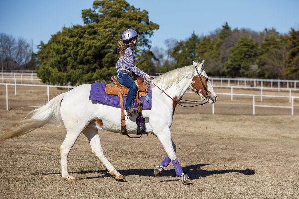 A young rider lopes her horse