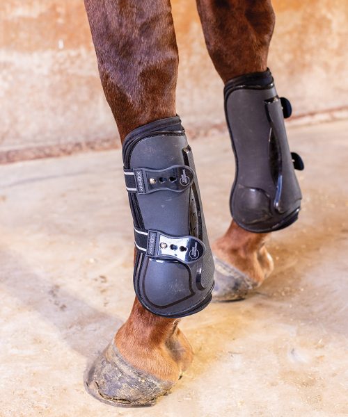 Open-front boots on a horse's legs.