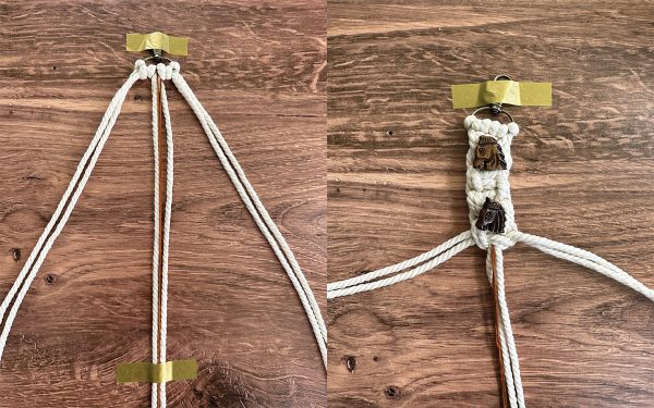 Adding beads to a DIY horsey keychain.