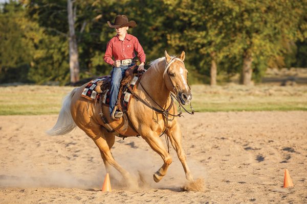 A young rider lopes her horse