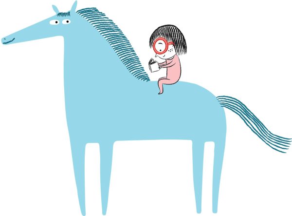 A cartoon of a young girl reading a book while sitting on a blue horse