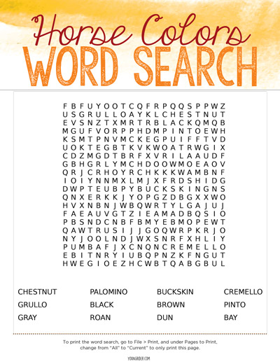 Horse Colors Word Search